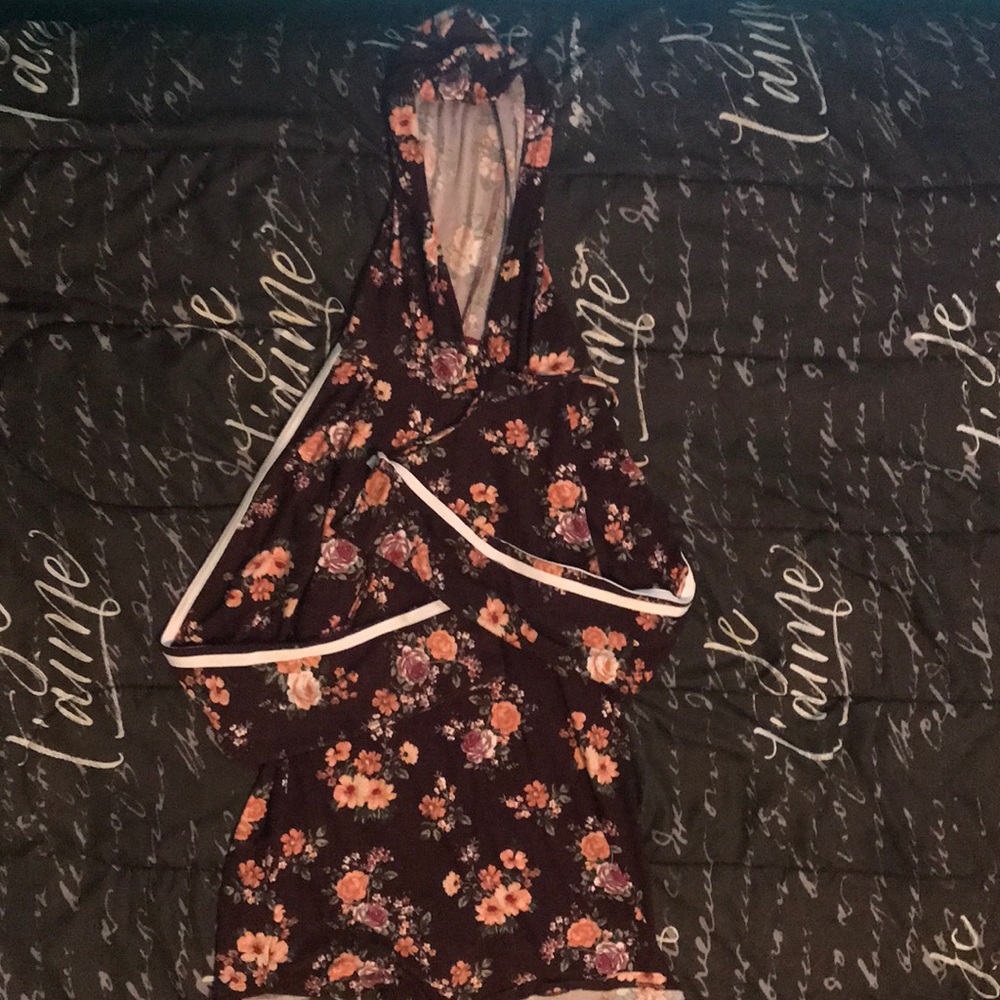 Ultra Flirt Women Floral-Print Striped-Trim Hoodie
